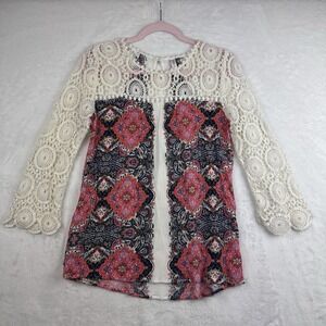 Xhilaration Womens Pink Ivory‎ Long Sleeve Boho Lace Crinkled Blouse Size M